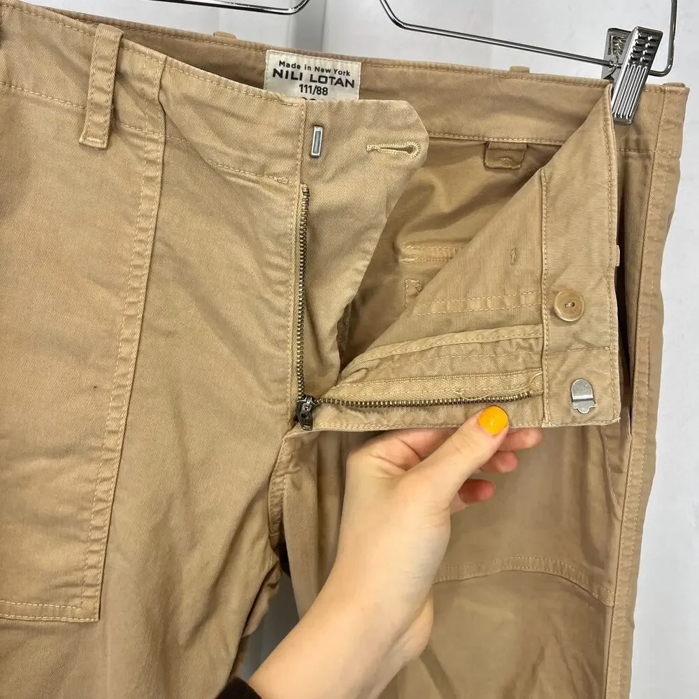 NILI LOTAN Cropped French Military Pants Zip Hem Utility Jogger Cotton Tan 4 - Picture 6 of 9